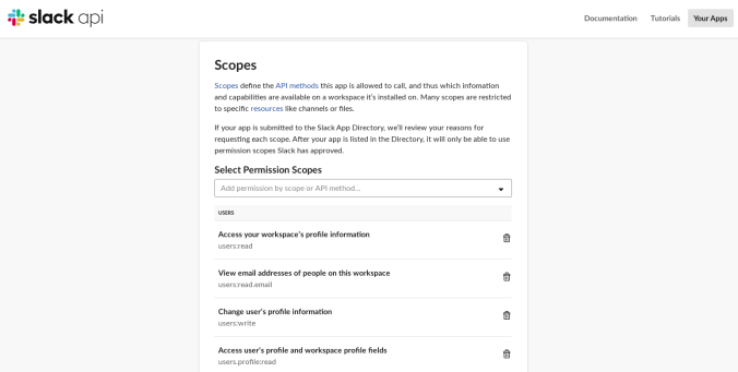 Web interface to assign Scopes to a Slack API application
